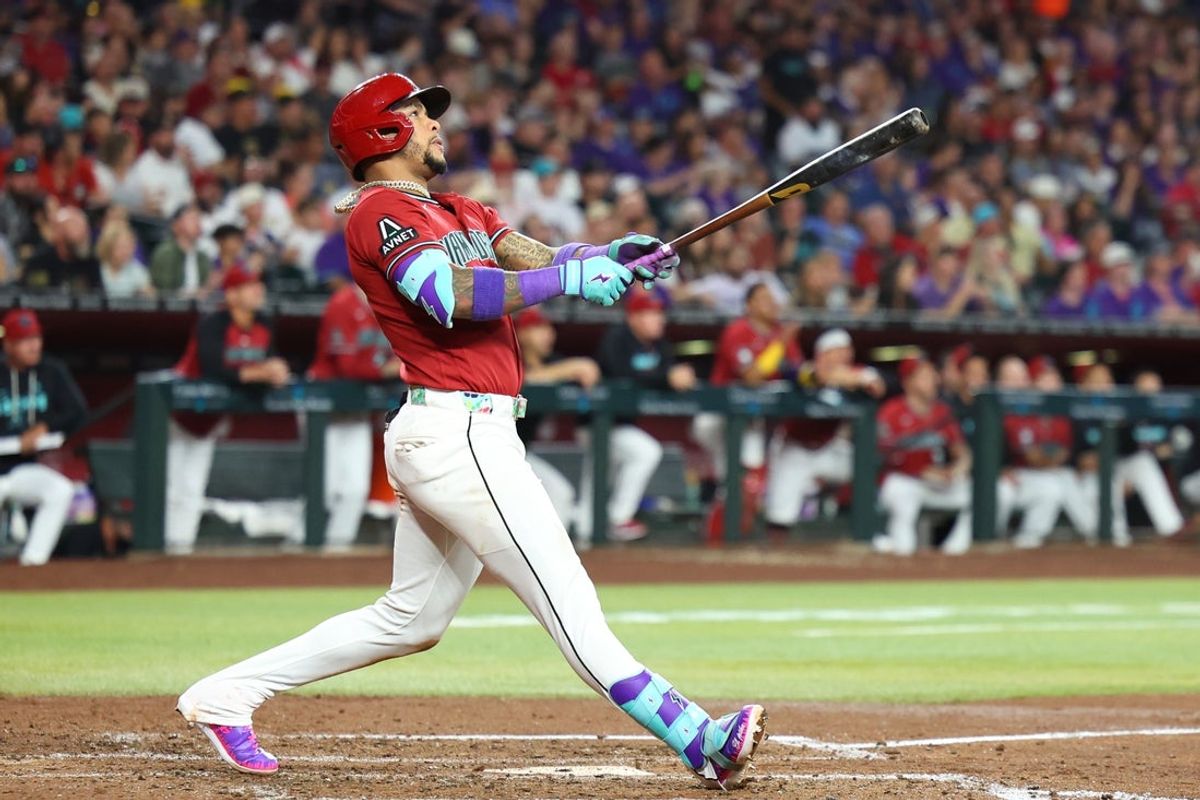 May 23, 2026; Phoenix, Arizona, USA; Arizona Diamondbacks second baseman Ketel Marte (4) watches after hitting a two run home run against Colorado Rockies starting pitcher Michael Lorenzen (24) during the fourth inning at Chase Field. Mandatory Credit: Anna Carrington-Imagn Images