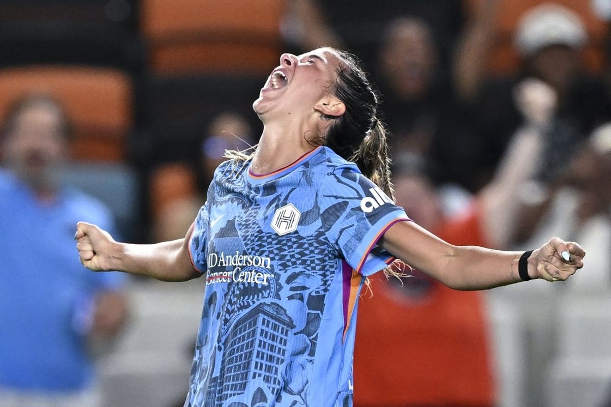 May 23, 2026; Houston, Texas, USA; Houston Dash midfielder Maggie Graham (19) reacts after scoring a goal during the second half against the Angel City FC at Shell Energy Stadium. Mandatory Credit: Maria Lysaker-Imagn Images