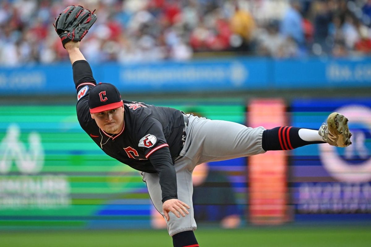 May 24, 2026; Philadelphia, Pennsylvania, USA; Cleveland Guardians pitcher Parker Messick (77) follows through on a pitch against the Philadelphia Phillies during the first inning at Citizens Bank Park. Mandatory Credit: Eric Hartline-Imagn Images