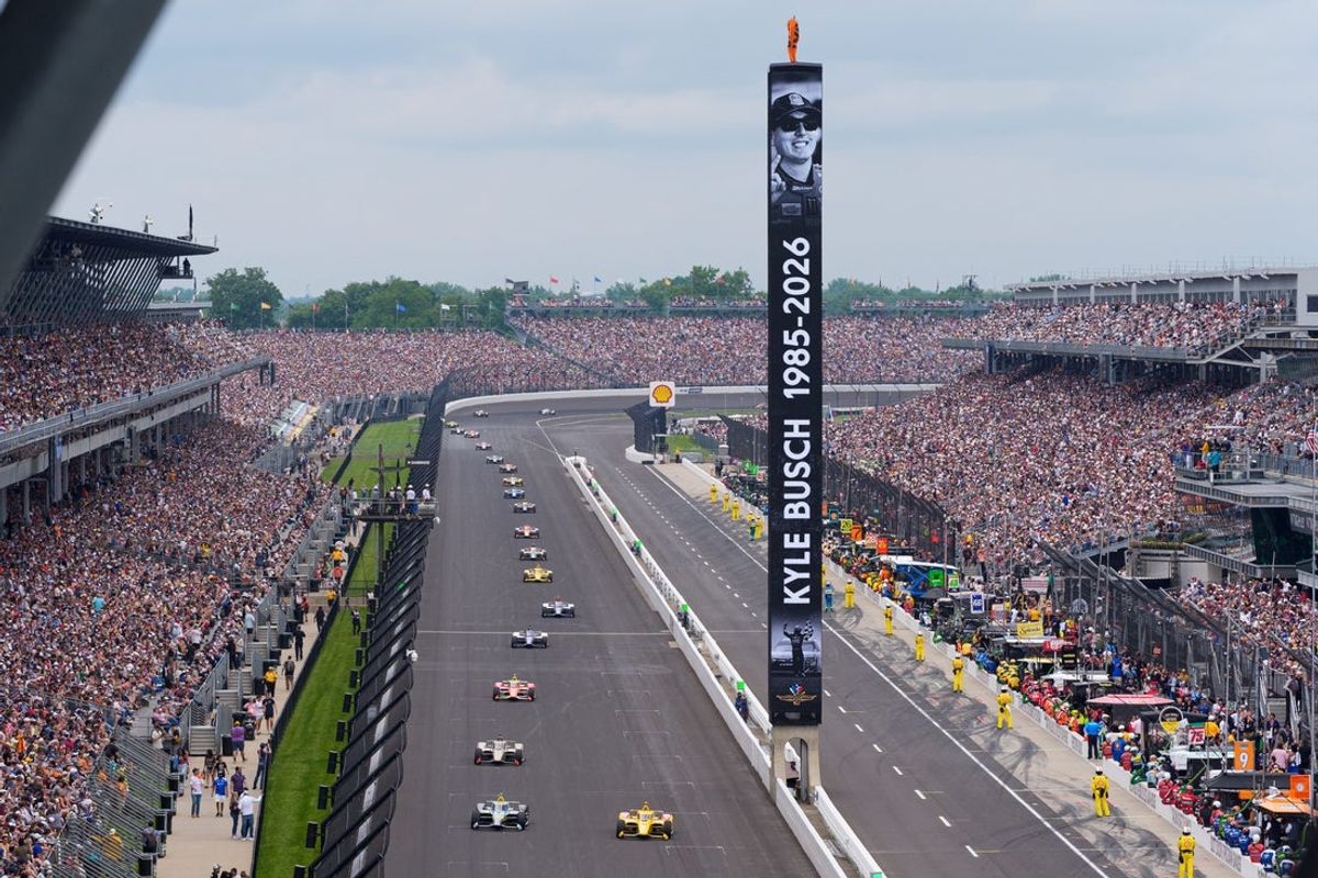 A memorial for Kyle Busch is displayed during lap 18 Sunday, May 24, 2026, during the 110th running of the Indianapolis 500 at Indianapolis Motor Speedway.