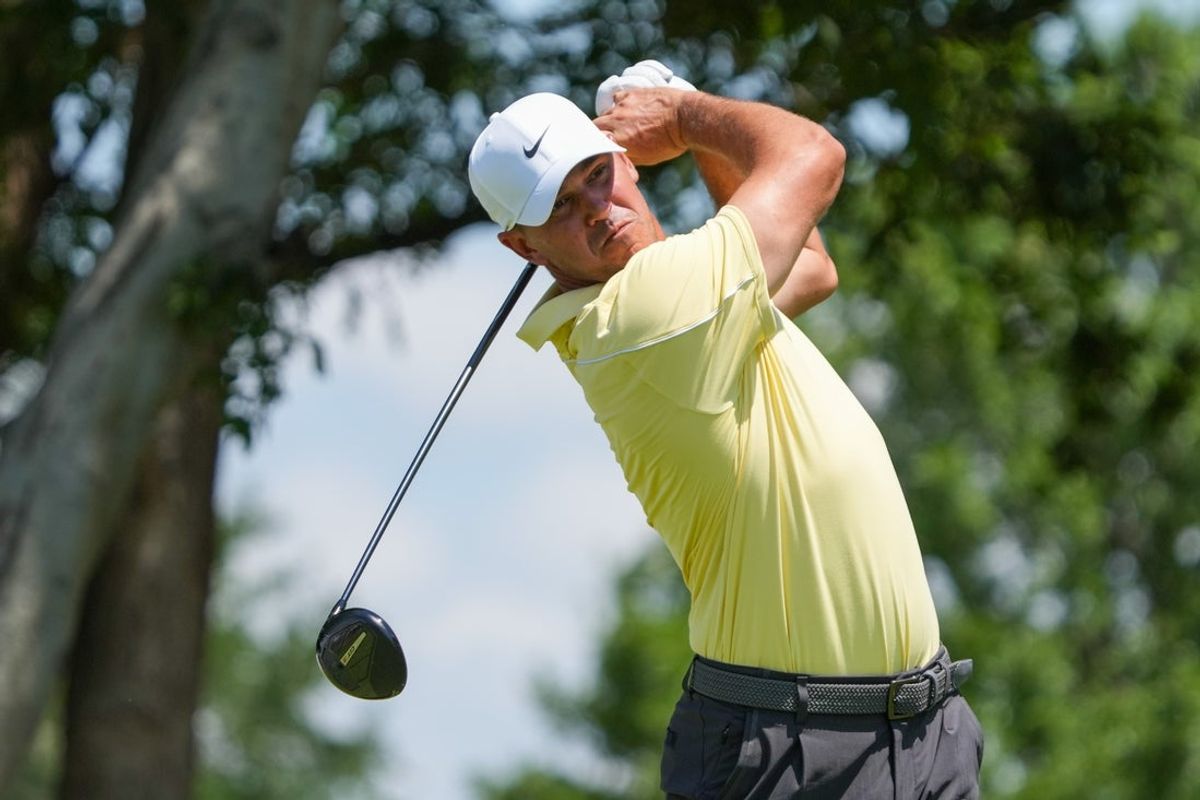 May 24, 2026; McKinney, Texas, USA; Brooks Koepka plays his shot from the second tee during the final round of THE CJ CUP Byron Nelson golf tournament. Mandatory Credit: Raymond Carlin III-Imagn Images
