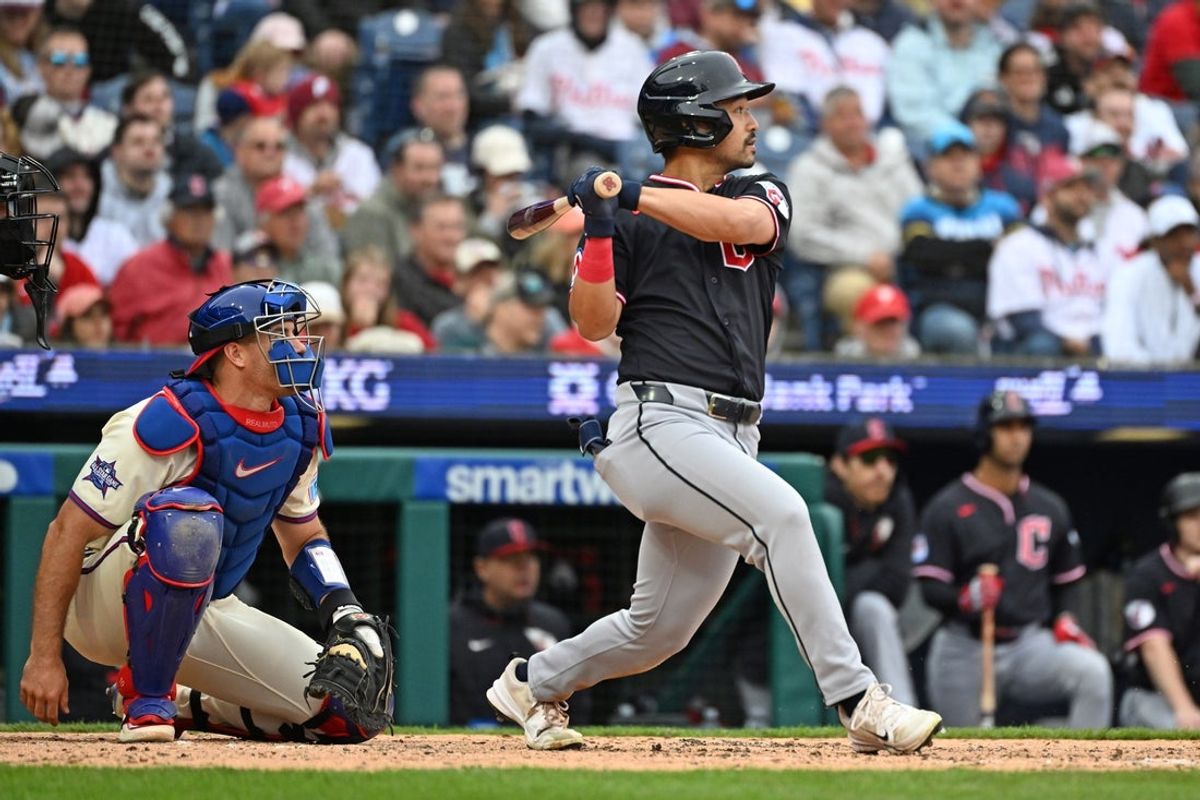 May 24, 2026; Philadelphia, Pennsylvania, USA; Cleveland Guardians center fielder Steven Kwan (38) watches his  RBI single during the fifth inning against the Philadelphia Phillies at Citizens Bank Park. Mandatory Credit: Eric Hartline-Imagn Images