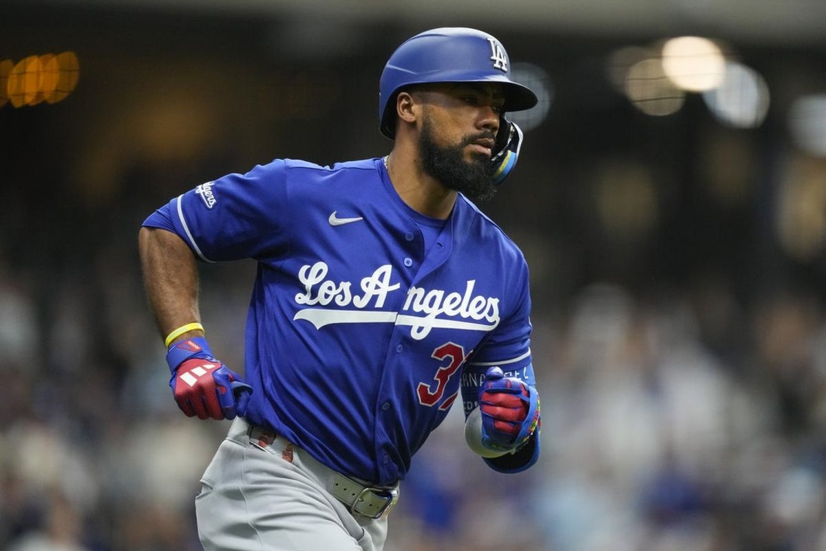 May 23, 2026; Milwaukee, Wisconsin, USA;  Los Angeles Dodgers left fielder Teoscar Hernandez (37) during the game against the Milwaukee Brewers at American Family Field. Mandatory Credit: Jeff Hanisch-Imagn Images