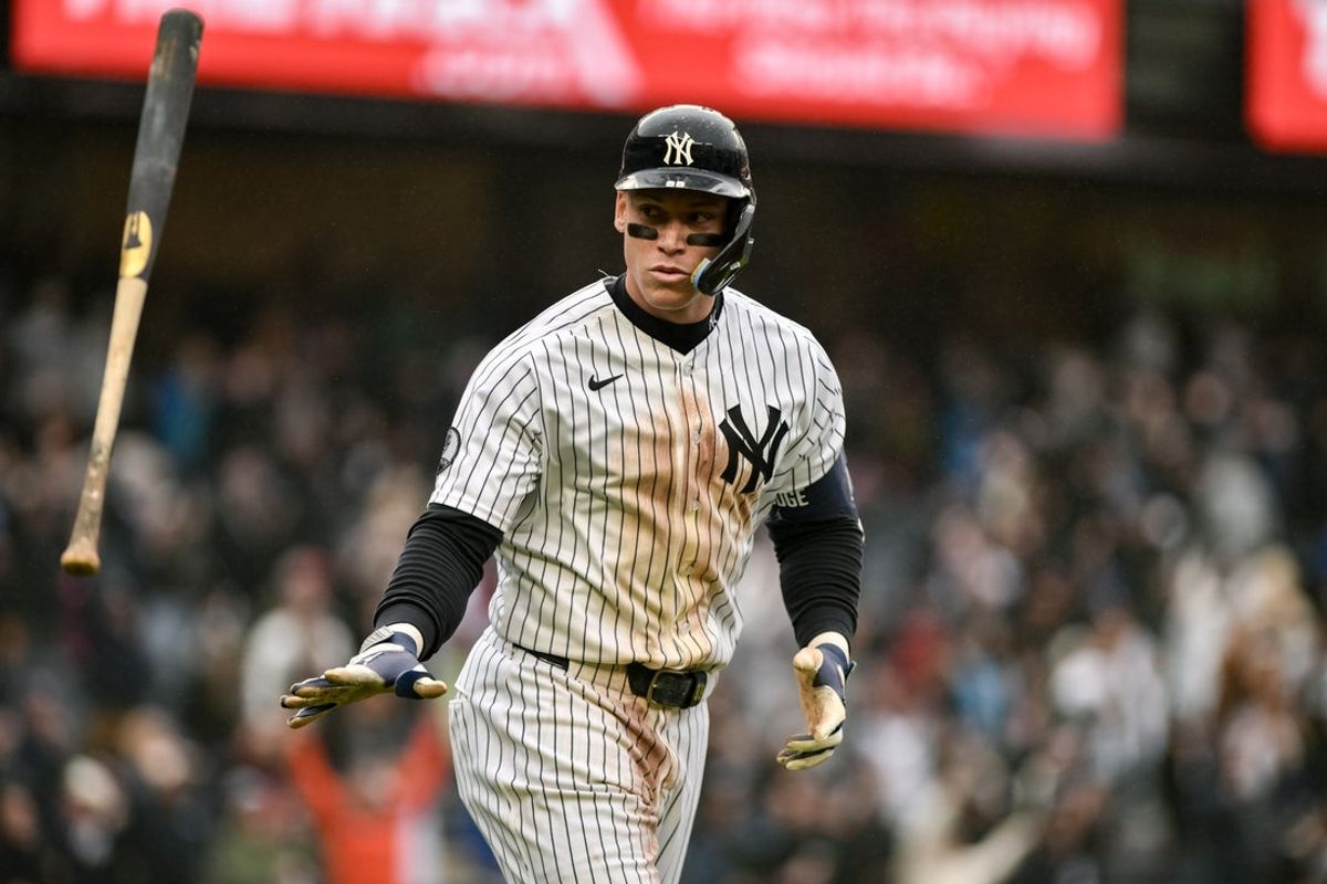 May 24, 2026; Bronx, New York, USA; New York Yankees right fielder Aaron Judge (99) reacts after hitting a walk off two run home run against the Tampa Bay Rays during the ninth inning at Yankee Stadium. Mandatory Credit: John Jones-Imagn Images