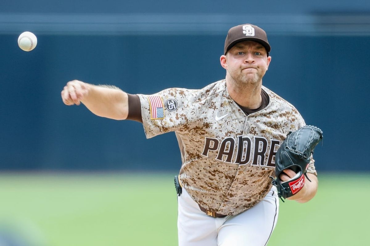 May 24, 2026; San Diego, California, USA; San Diego Padres starting pitcher Michael King (34) throws a pitch during the first inning against the Athletics at Petco Park. Mandatory Credit: David Frerker-Imagn Images