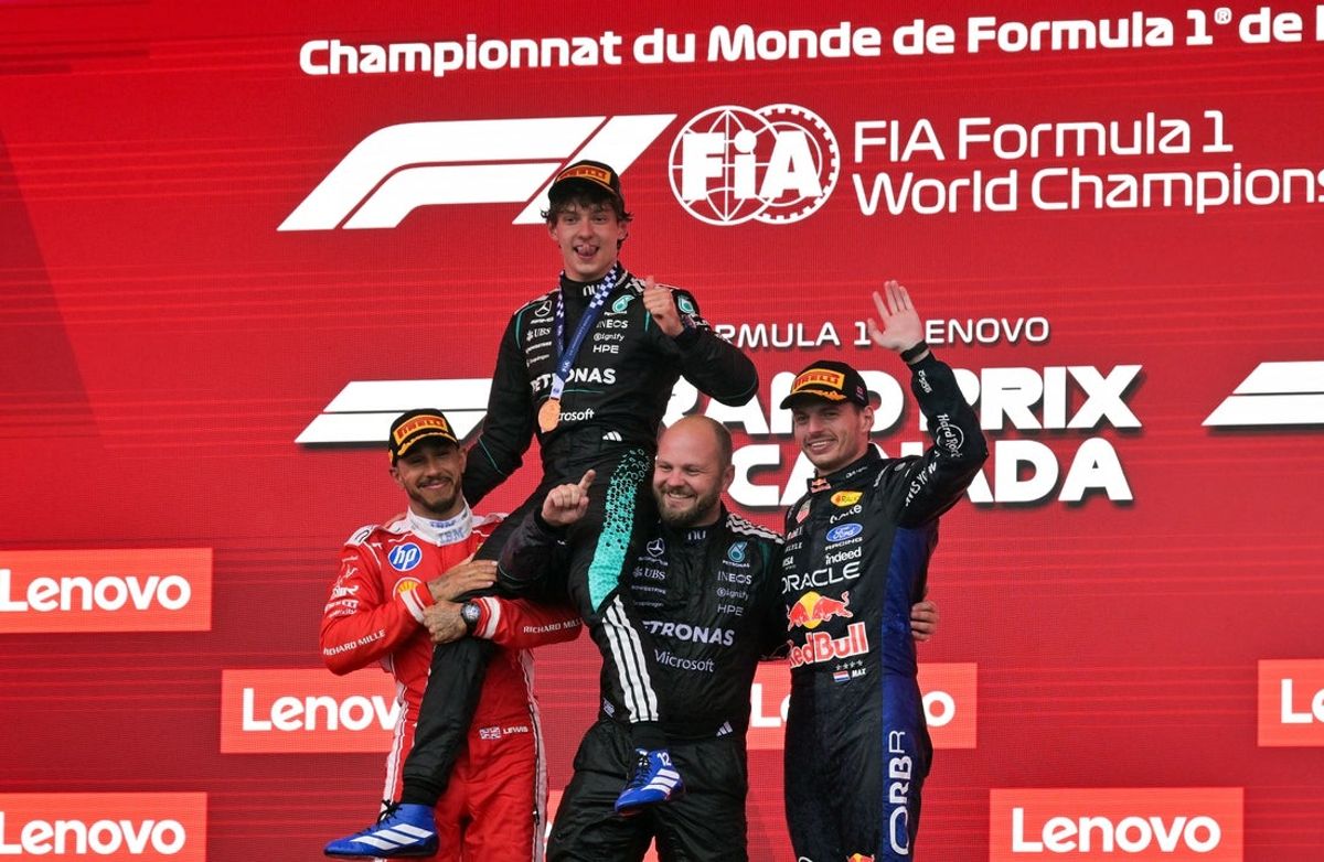 Ferrari's Lewis Hamilton, Mercedes' Kimi Antonelli and Red Bull's Max Verstappen on the podium at the 2026 Canadian Grand Prix.