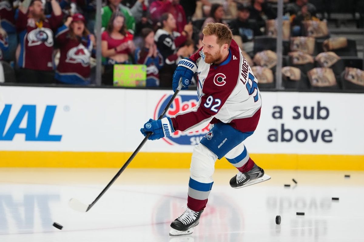 May 24, 2026; Las Vegas, Nevada, USA; Colorado Avalanche left wing Gabriel Landeskog (92) warms up before a game against the Vegas Golden Knights in game three of the Western Conference Final of the 2026 Stanley Cup Playoffs at T-Mobile Arena. Mandatory Credit: Stephen R. Sylvanie-Imagn Images