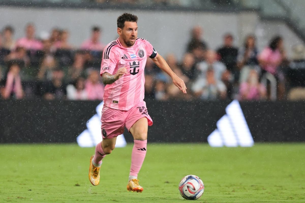 May 24, 2026; Miami, Florida, USA; Inter Miami CF forward Lionel Messi (10) dribbles the ball against the Philadelphia Union during the second half at Nu Stadium. Mandatory Credit: Sam Navarro-Imagn Images