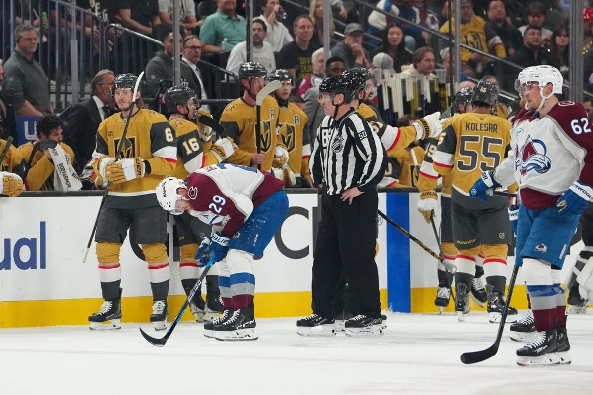 May 24, 2026; Las Vegas, Nevada, USA; Colorado Avalanche center Nathan MacKinnon (29) heads back to the bench after an injury during the second period against the Vegas Golden Knights in game three of the Western Conference Final of the 2026 Stanley Cup Playoffs at T-Mobile Arena. Mandatory Credit: Stephen R. Sylvanie-Imagn Images