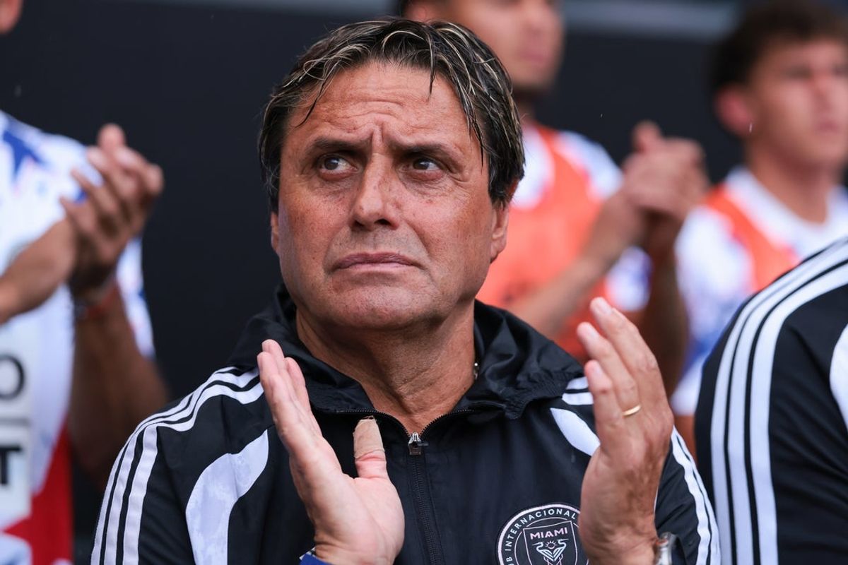 May 24, 2026; Miami, Florida, USA; Inter Miami CF interim head coach Guillermo Hoyos reacts before the game against Philadelphia Union at Nu Stadium. Mandatory Credit: Sam Navarro-Imagn Images