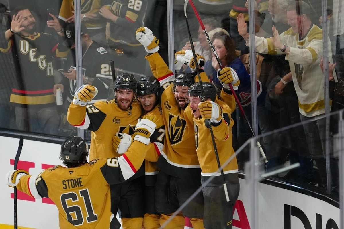 May 24, 2026; Las Vegas, Nevada, USA; Vegas Golden Knights center Tomas Hertl (48) celebrates scoring third period against the Colorado Avalanche in game three of the Western Conference Final of the 2026 Stanley Cup Playoffs at T-Mobile Arena. Mandatory Credit: Stephen R. Sylvanie-Imagn Images