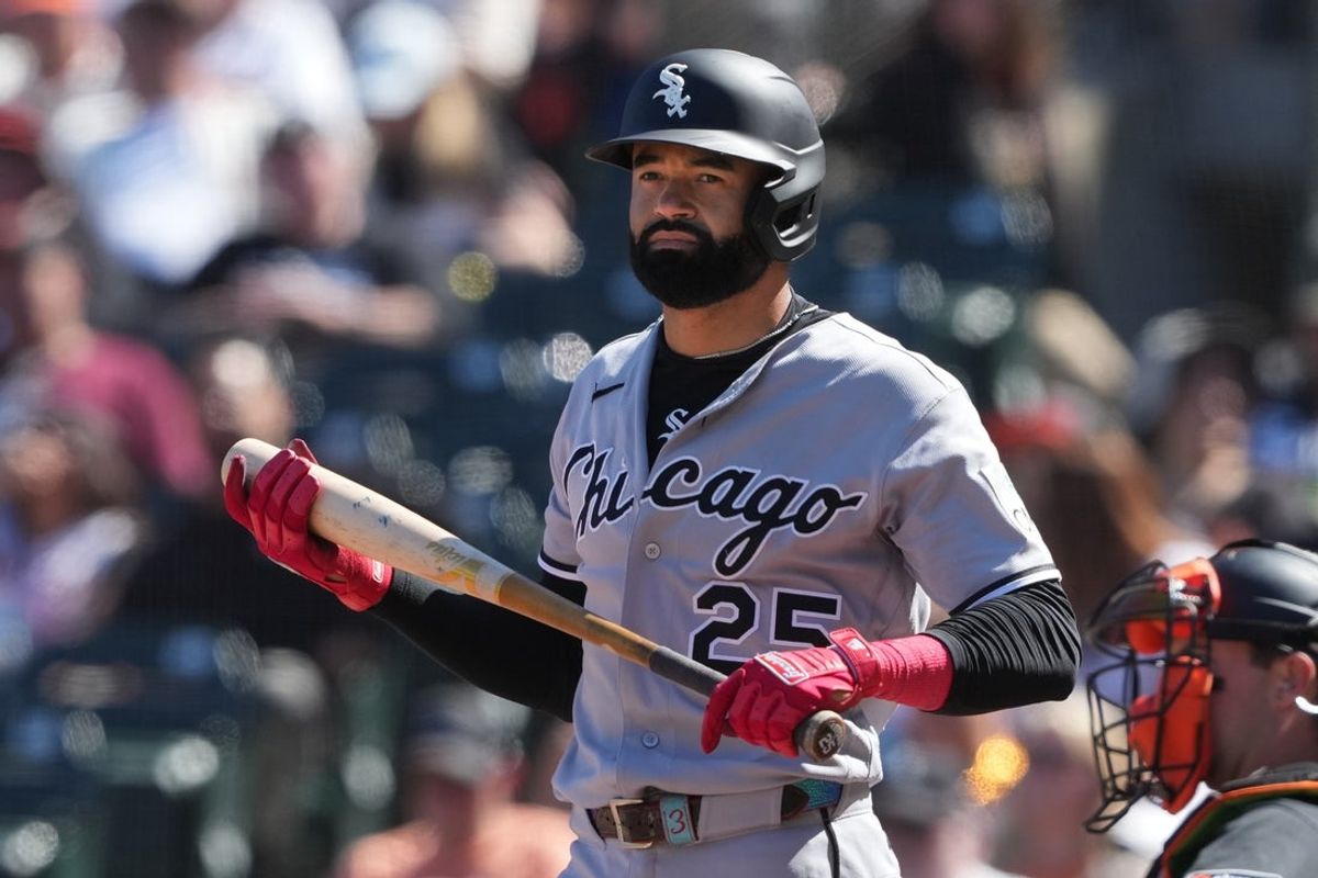 May 23, 2026; San Francisco, California, USA; Chicago White Sox center fielder Derek Hill (25) during the ninth inning against the San Francisco Giants at Oracle Park. Mandatory Credit: Darren Yamashita-Imagn Images