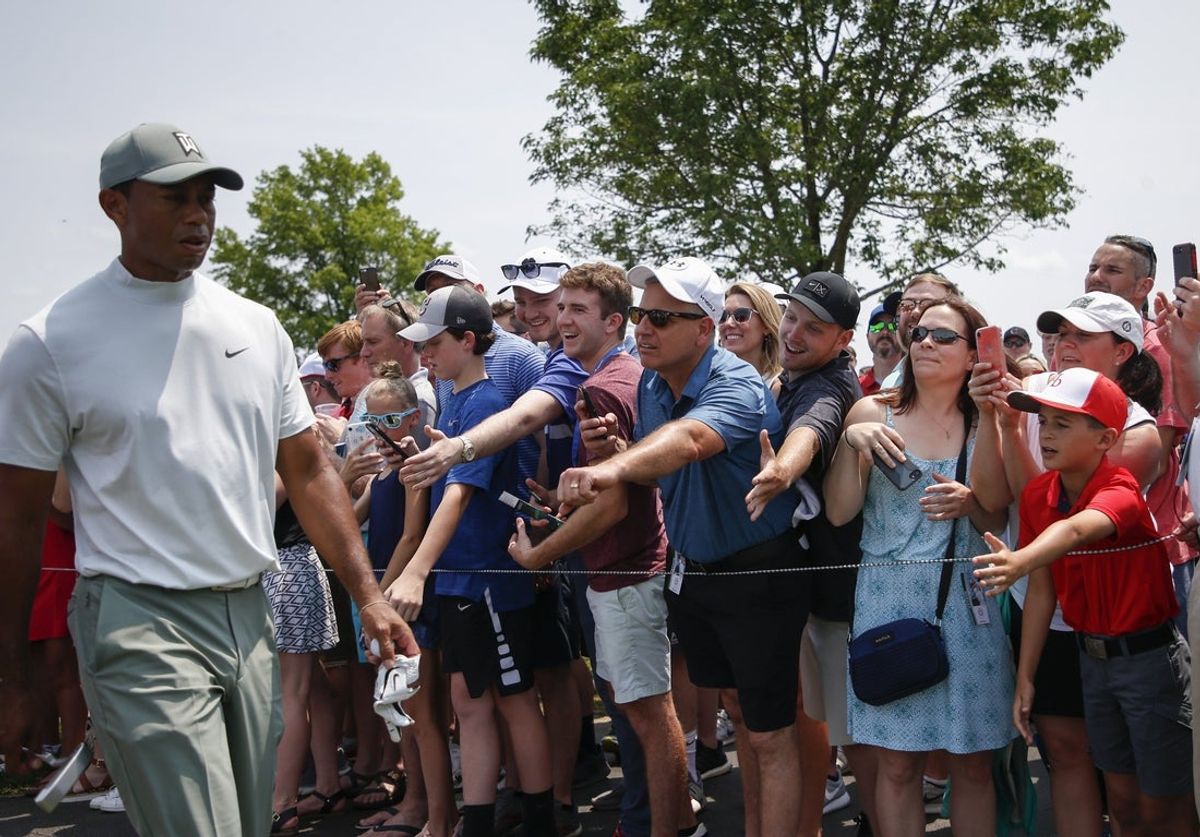 Os fãs comemoram enquanto Tiger Woods chega ao 11º tee durante a terceira rodada do Memorial Tournament no sábado, 1º de junho de 2019, no Muirfield Village Golf Club em Dublin, Ohio. [Joshua A. Bickel/Dispatch]