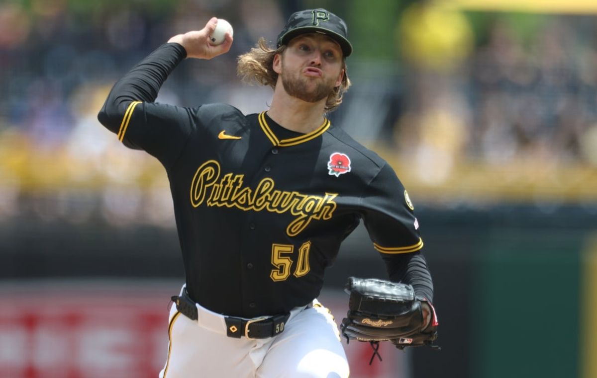 May 25, 2026; Pittsburgh, Pennsylvania, USA; Pittsburgh Pirates starting pitcher Carmen Mlodzinski (50) throws a pitch against the Chicago Cubs during the first inning at PNC Park. Mandatory Credit: Charles LeClaire-Imagn Images
