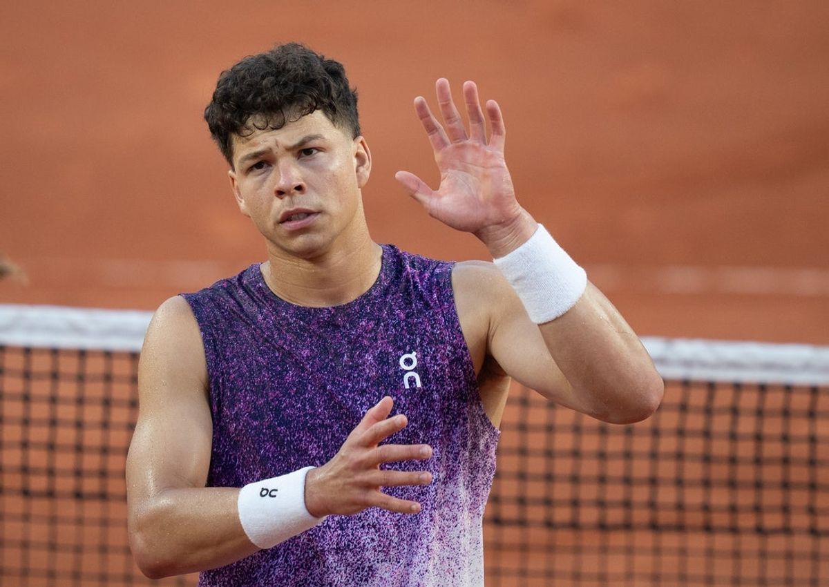 May 25, 2026; Paris, France; Ben Shelton of the United States celebrates winning his first round match against Daniel Merida of Spain (not pictured) on day two at Stade Roland Garros. Mandatory Credit: Susan Mullane-Imagn Images
