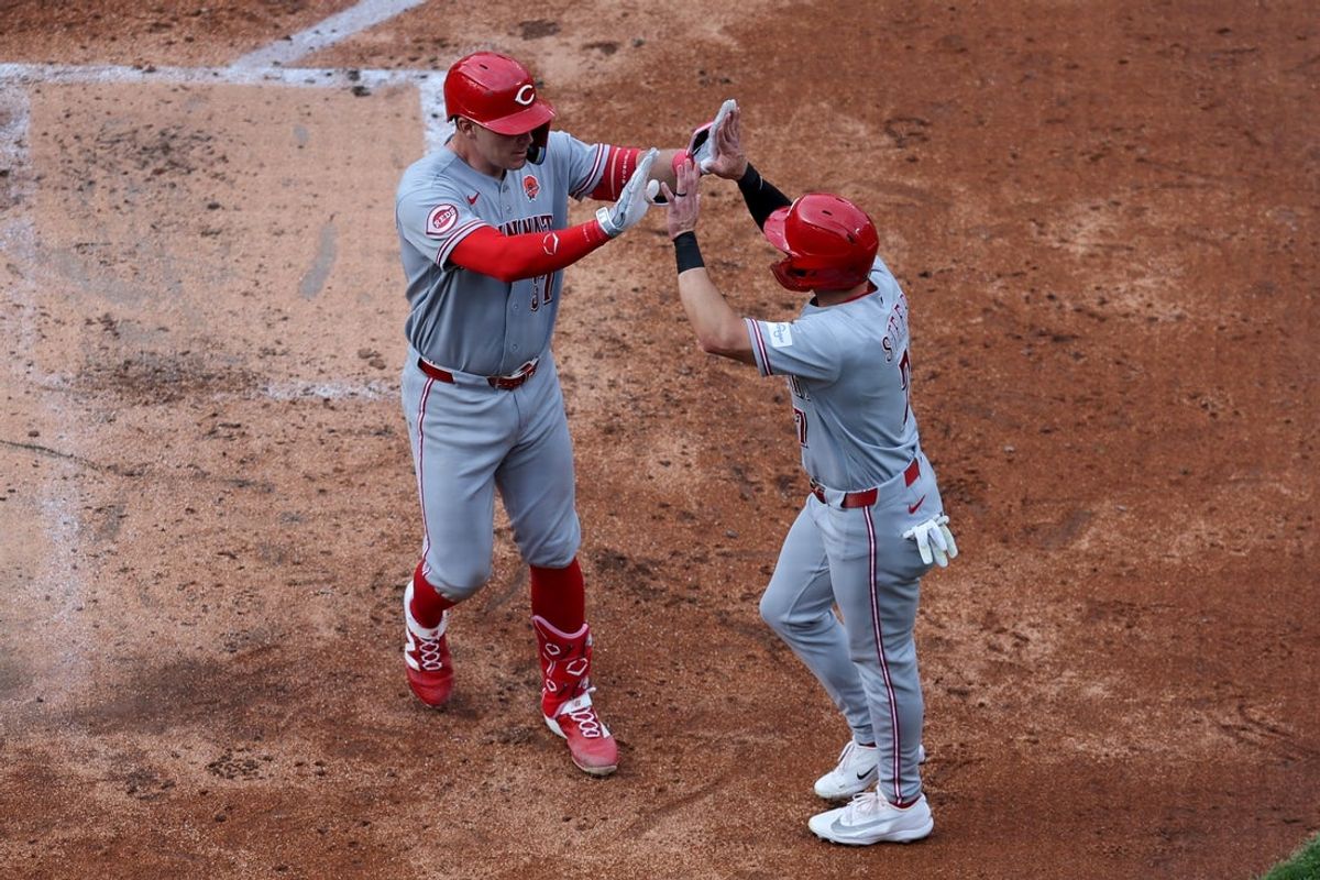 May 25, 2026; New York City, New York, USA; Cincinnati Reds catcher Tyler Stephenson (37) celebrates his two run home run against the New York Mets with right fielder Spencer Steer (7) during the fourth inning at Citi Field. Mandatory Credit: Brad Penner-Imagn Images