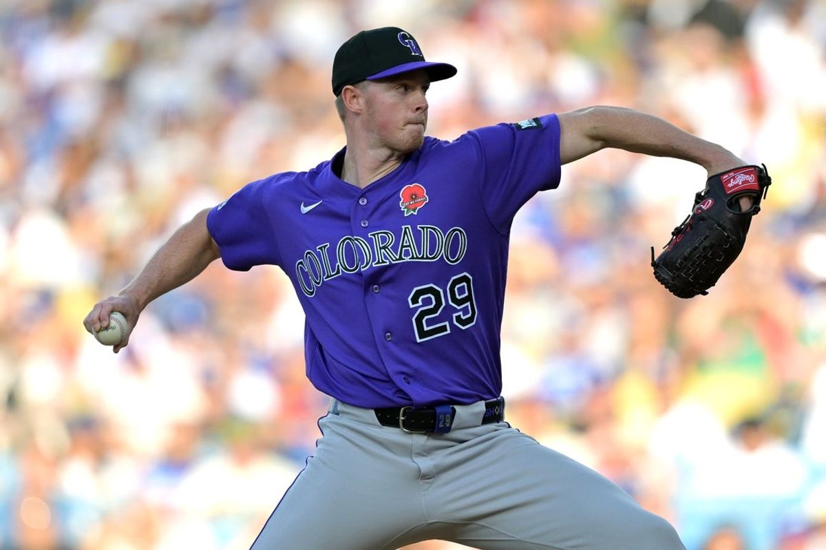 May 25, 2026; Los Angeles, California, USA; Colorado Rockies starting pitcher Tanner Gordon (29) pitches against the Los Angeles Dodgers in the first inning at Dodger Stadium. Mandatory Credit: Jayne Kamin-Oncea-Imagn Images