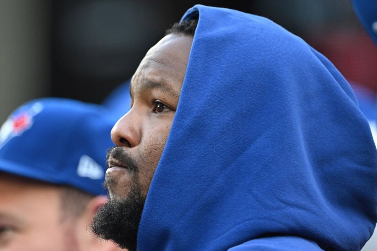 May 25, 2026; Toronto, Ontario, CAN;  Toronto Blue Jays first baseman Vladimir Guerrero Jr. (27) looks on from the bench during play against the Miami Marlins at Rogers Centre. Mandatory Credit: Dan Hamilton-Imagn Images