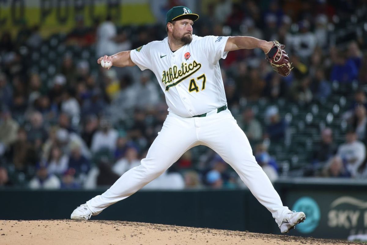 May 25, 2026; West Sacramento, California, USA; Athletics pitcher Joel Kuhnel (47) throws to a Seattle Mariners batter during the ninth inning at Sutter Health Park. Mandatory Credit: Scott Marshall-Imagn Images