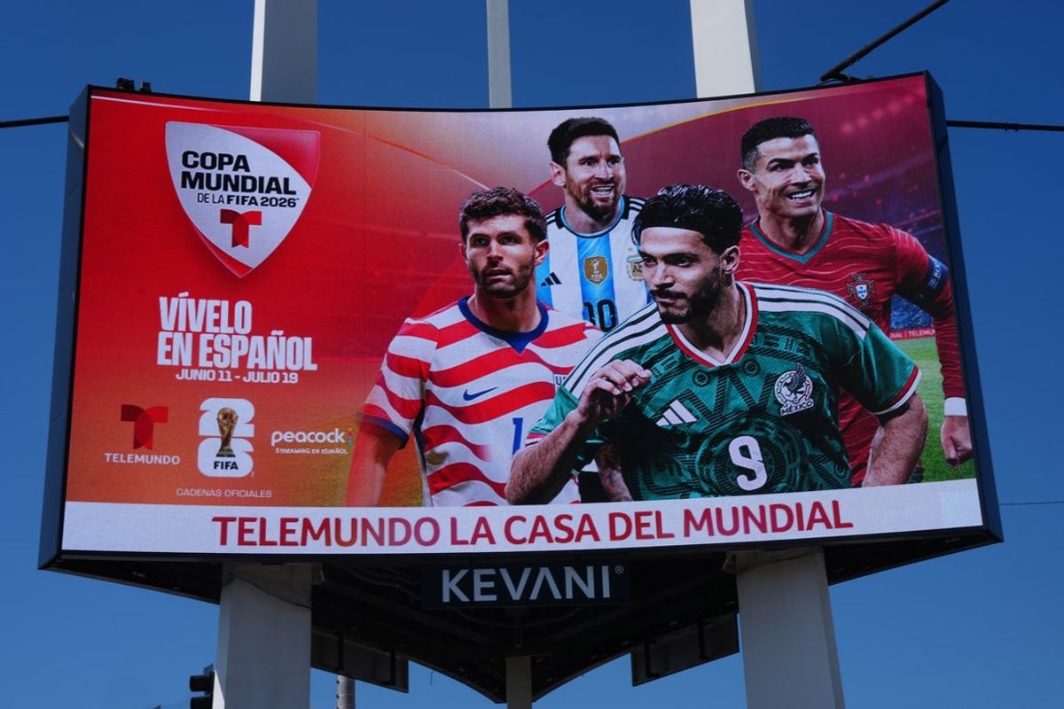 May 25, 2026; Inglewood, CA, USA; A Telemundo advertisement for the 2026 FIFA World Cup at the Kia Forum. Mandatory Credit: Kirby Lee-Imagn Images