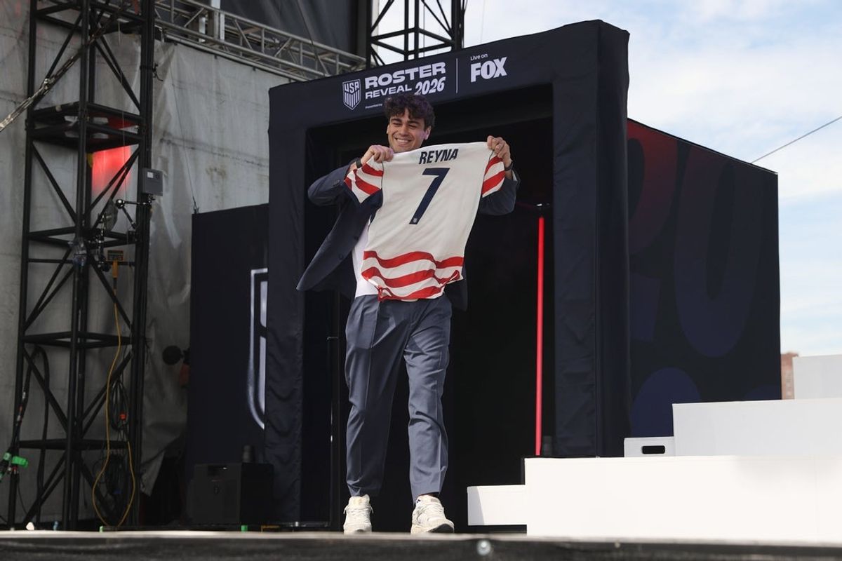 May 26, 2026; New York, New York, USA; Gio Reyna walks on stage during the United States men's national team roster reveal for the 2026 FIFA World Cup at The Rooftop at Pier 17. Mandatory Credit: Pamela Smith-Imagn Images