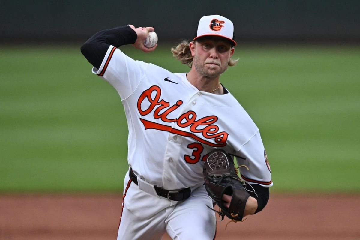 May 26, 2026; Baltimore, Maryland, USA;  Baltimore Orioles pitcher Shane Baz (34) pitches in the first inning against the Tampa Bay Rays at Oriole Park at Camden Yards. Mandatory Credit: Jamie Sabau-Imagn Images
