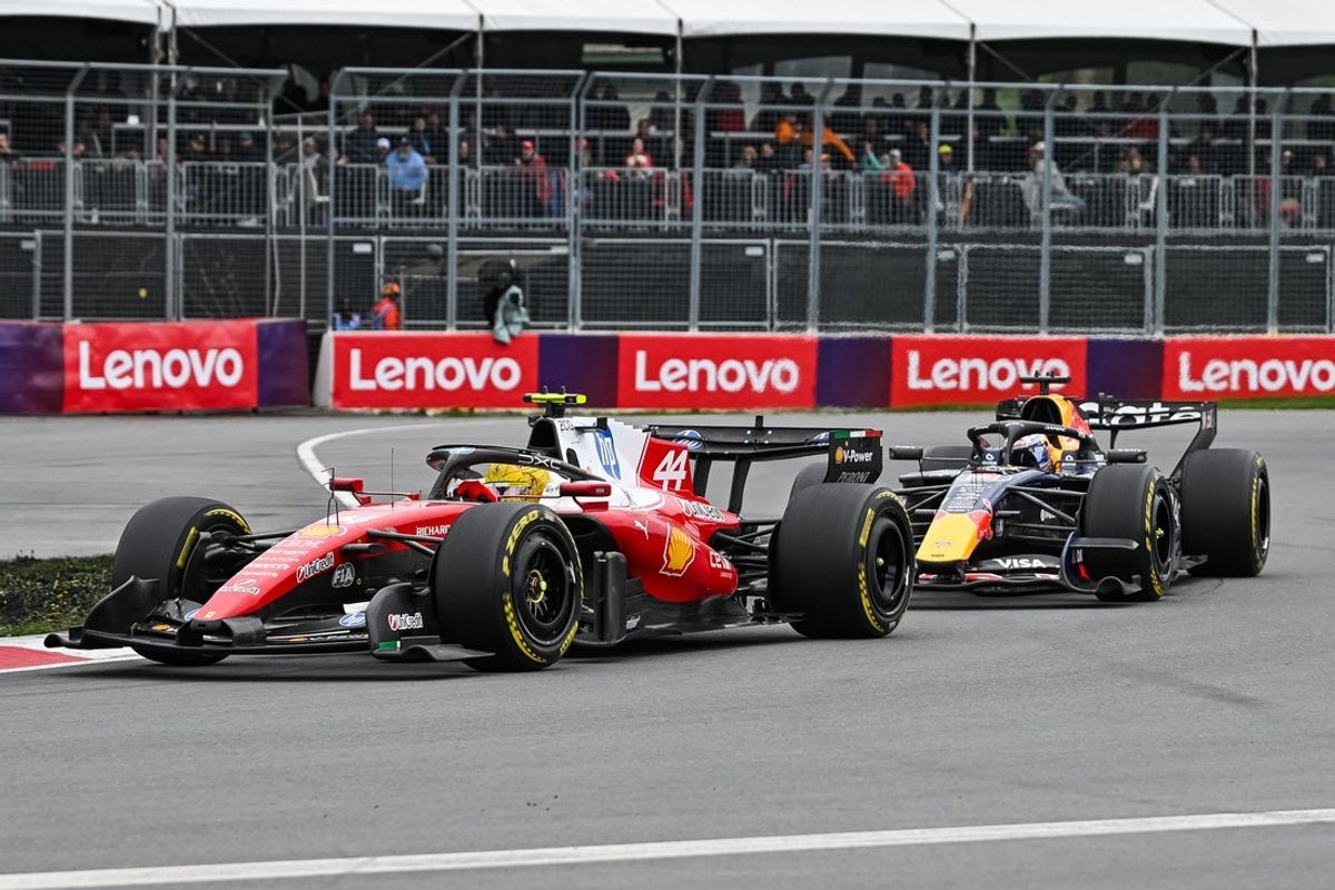 May 24, 2026; Montreal, Quebec, CANADA; Ferrari driver Lewis Hamilton (44) races ahead of Red Bull Racing driver Max Verstappen (3) during the Lenovo Grand Prix Du Canada at Circuit Gilles-Villeneuve. Mandatory Credit: David Kirouac-Imagn Images
