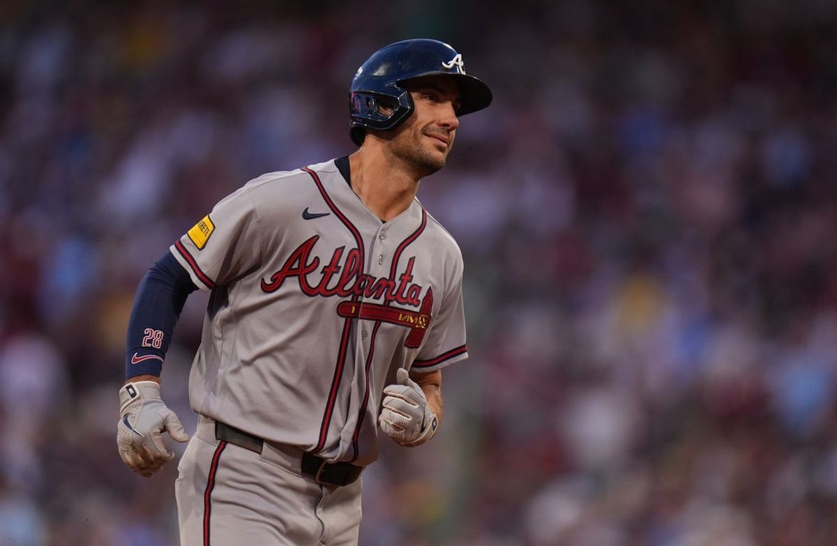 May 26, 2026; Boston, Massachusetts, USA; Atlanta Braves first baseman Matt Olson (28) rounds the bases after hitting a two run home run against the Boston Red Sox in the fifth inning at Fenway Park. Mandatory Credit: David Butler II-Imagn Images