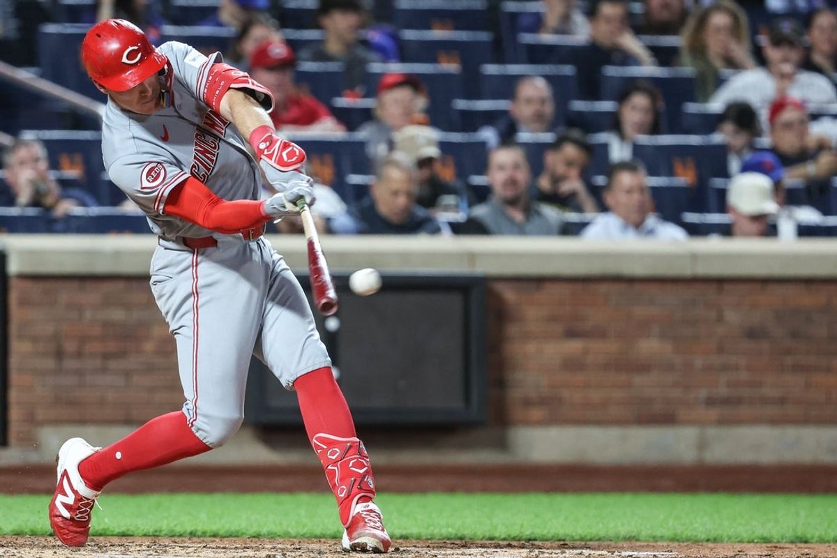 May 26, 2026; New York City, New York, USA;  Cincinnati Reds catcher Tyler Stephenson (37) hits an RBI double in the sixth inning against the New York Mets at Citi Field. Mandatory Credit: Wendell Cruz-Imagn Images
