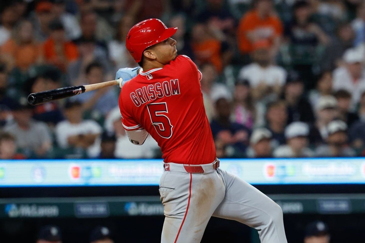 May 26, 2026; Detroit, Michigan, USA;  Los Angeles Angels second baseman Vaughn Grissom (5) hits a grand slam in the eighth inning against the Detroit Tigers at Comerica Park. Mandatory Credit: Rick Osentoski-Imagn Images
