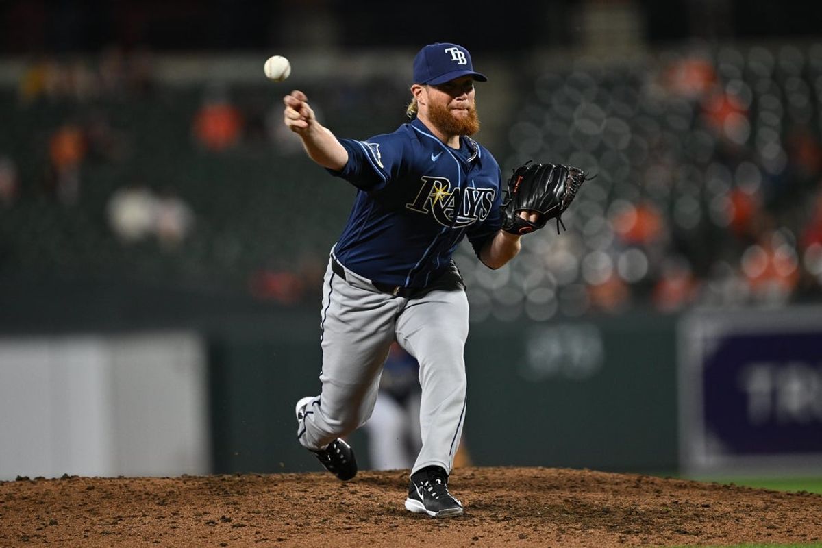 May 26, 2026; Baltimore, Maryland, USA;  Tampa Bay Rays pitcher Craig Kimbrel (46) pitches in the eighth inning against the Baltimore Orioles at Oriole Park at Camden Yards. Mandatory Credit: Jamie Sabau-Imagn Images
