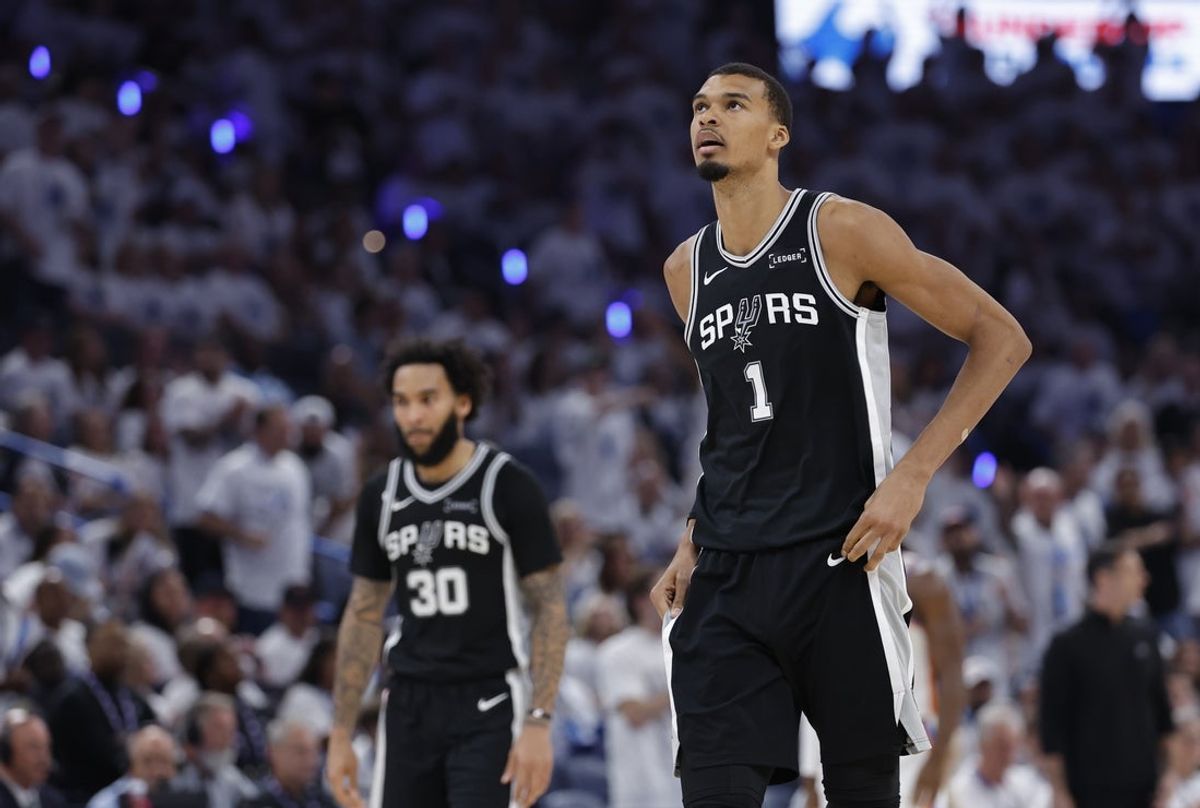 May 26, 2026; Oklahoma City, Oklahoma, USA; San Antonio Spurs forward Victor Wembanyama (1) reacts after a play during the third quarter against the Oklahoma City Thunder in game five of the western conference finals for the 2026 NBA playoffs at Paycom Center. Mandatory Credit: Alonzo Adams-Imagn Images