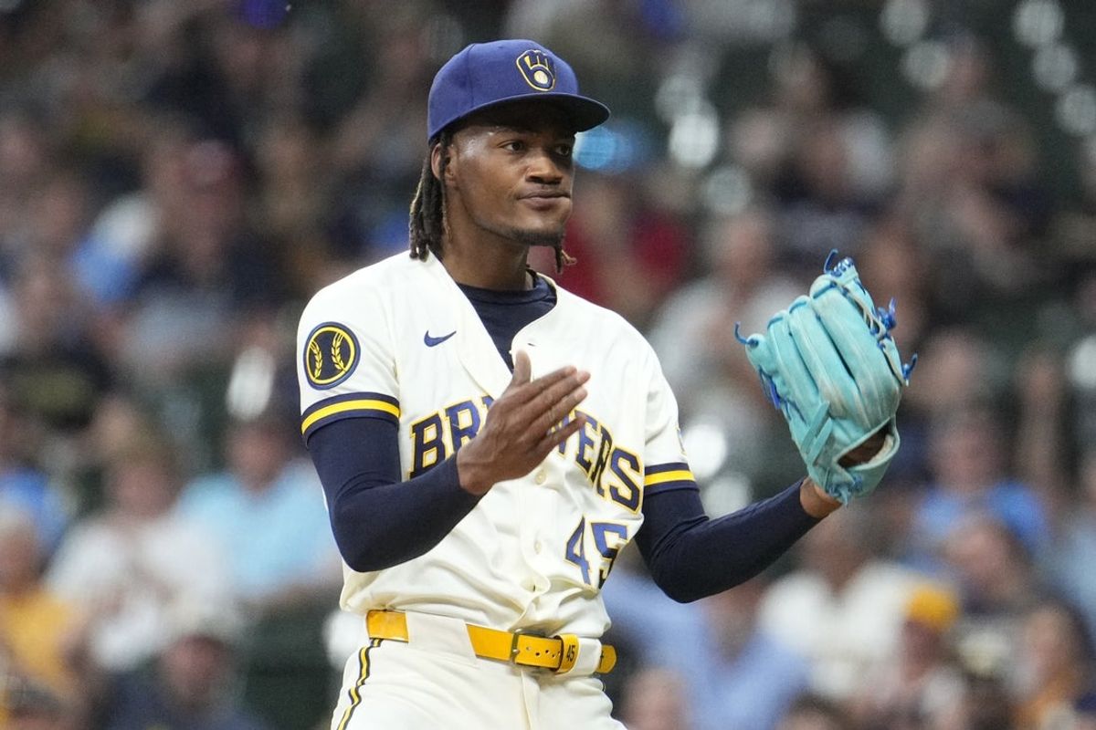 May 26, 2026; Milwaukee, Wisconsin, USA; Milwaukee Brewers pitcher Abner Uribe (45) celebrates the final out of in the eighth inning against the St. Louis Cardinals at American Family Field. Mandatory Credit: Michael McLoone-Imagn Images
