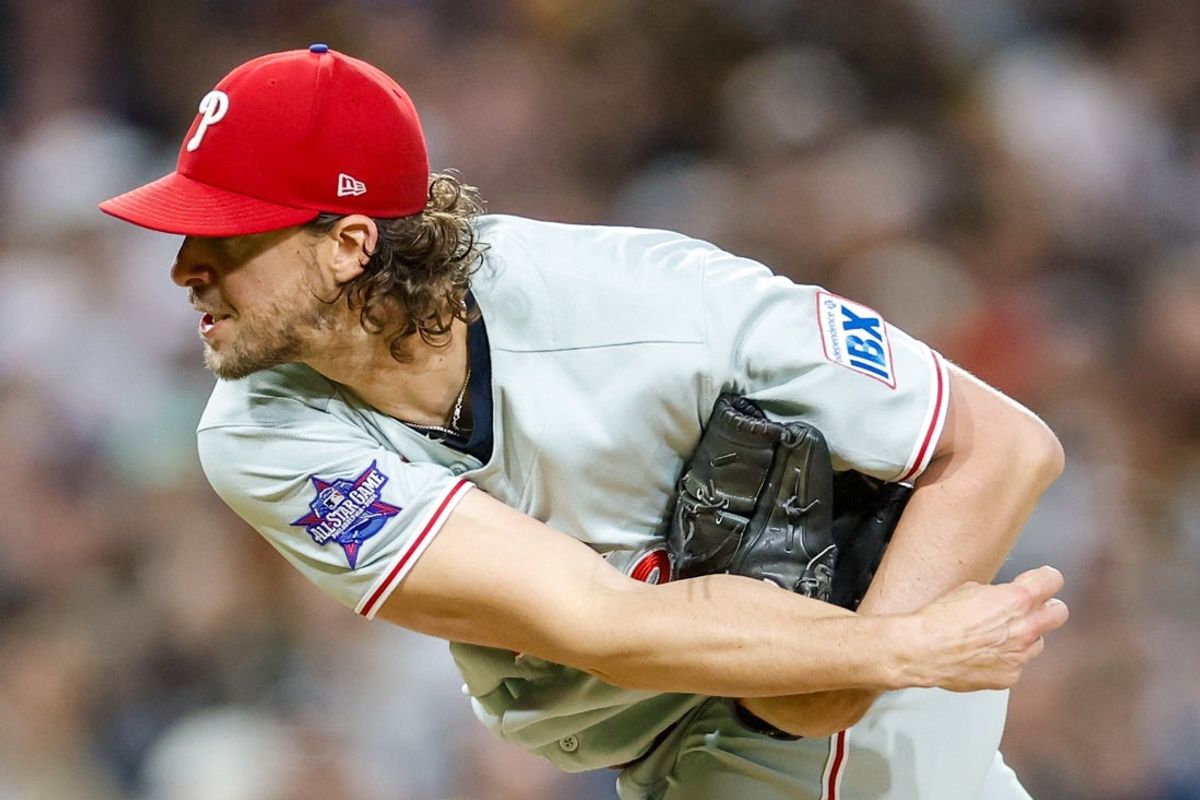 May 26, 2026; San Diego, California, USA; Philadelphia Phillies starting pitcher Aaron Nola (27) throws a pitch during the sixth inning against the San Diego Padres at Petco Park. Mandatory Credit: David Frerker-Imagn Images
