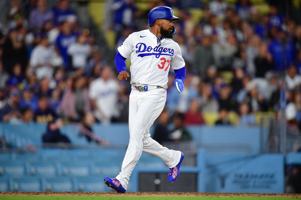 May 26, 2026; Los Angeles, California, USA; Los Angeles Dodgers left fielder Teoscar Hernandez (37) scores a run against the Colorado Rockies during the fifth inning at Dodger Stadium. Mandatory Credit: Gary A. Vasquez-Imagn Images