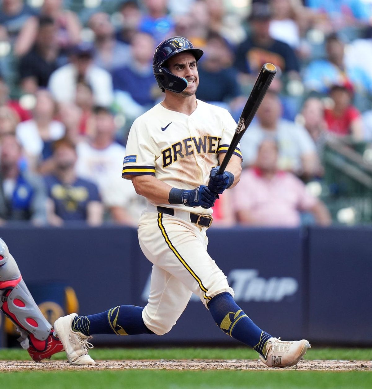 Milwaukee Brewers right fielder Sal Frelick (10) reacts to the strike during the fifth inning of the game against the St. Louis Cardinals on Wednesday May 27, 2026 at American Family Field in Milwaukee, Wisconsin.