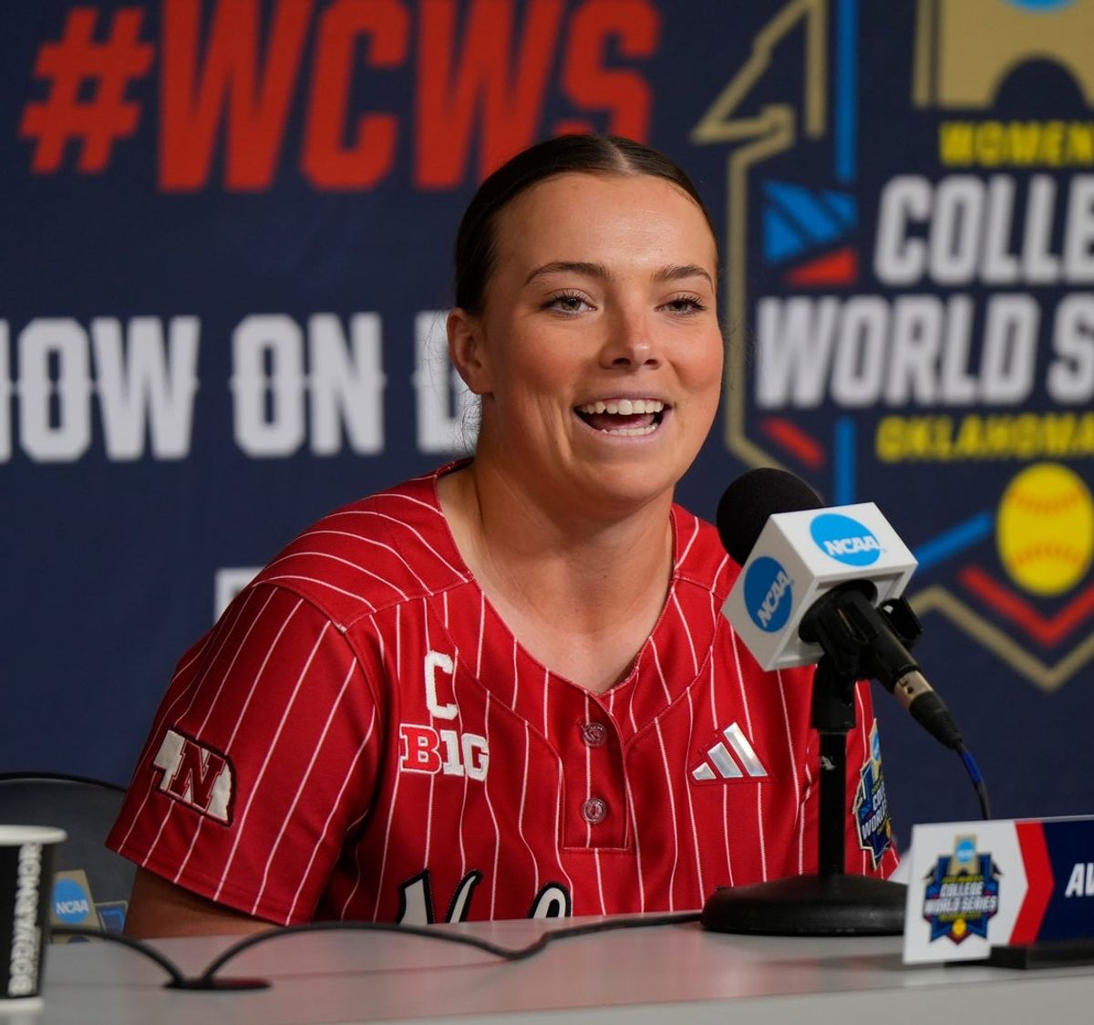 Ava Kuszak of Nebraska interviews during the Women’s College World Series (WCWS) media day at Devon Park in Oklahoma City, Wednesday, May 27, 2026.