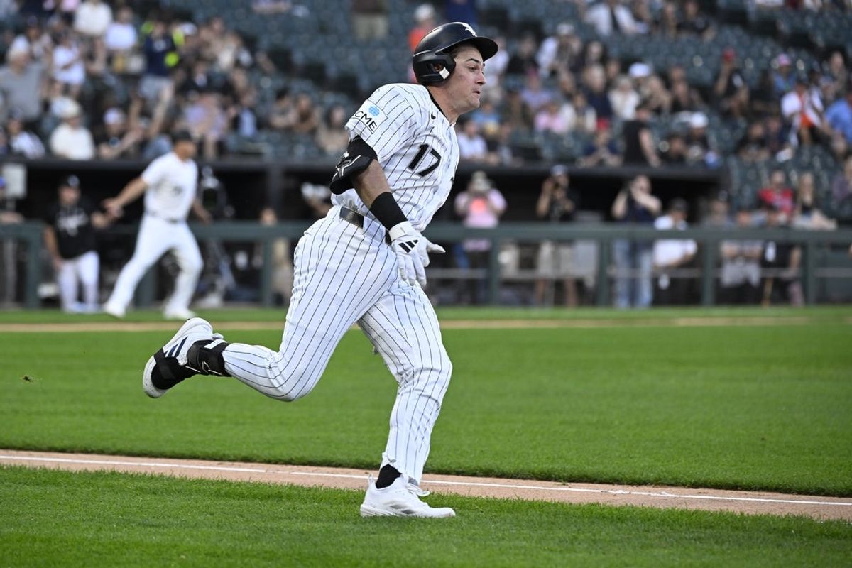 May 27, 2026; Chicago, Illinois, USA;  Chicago White Sox left fielder Sam Antonacci (17) runs after he hits a two RBI single during the second inning against the Minnesota Twins at Rate Field. Mandatory Credit: Matt Marton-Imagn Images