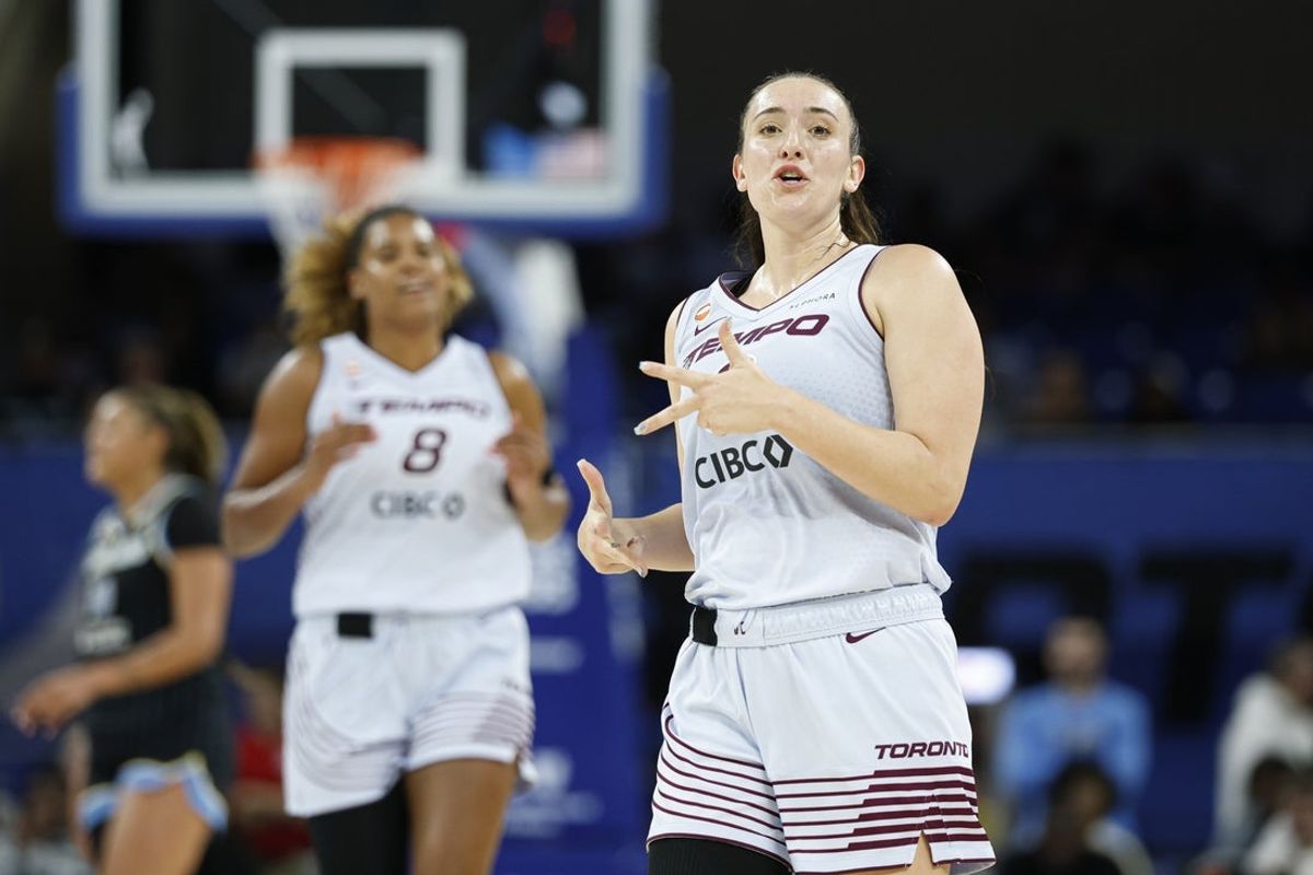 May 27, 2026; Chicago, Illinois, USA; Toronto Tempo guard Marina Mabrey (3) celebrates after scoring against the Chicago Sky during the first half at Wintrust Arena. Mandatory Credit: Kamil Krzaczynski-Imagn Images