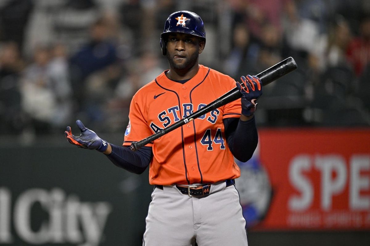 May 27, 2026; Arlington, Texas, USA;  Houston Astros designated hitter Yordan Alvarez (44) looks on during the sixth inning against the Texas Rangers at Globe Life Field. Mandatory Credit: Jerome Miron-Imagn Images