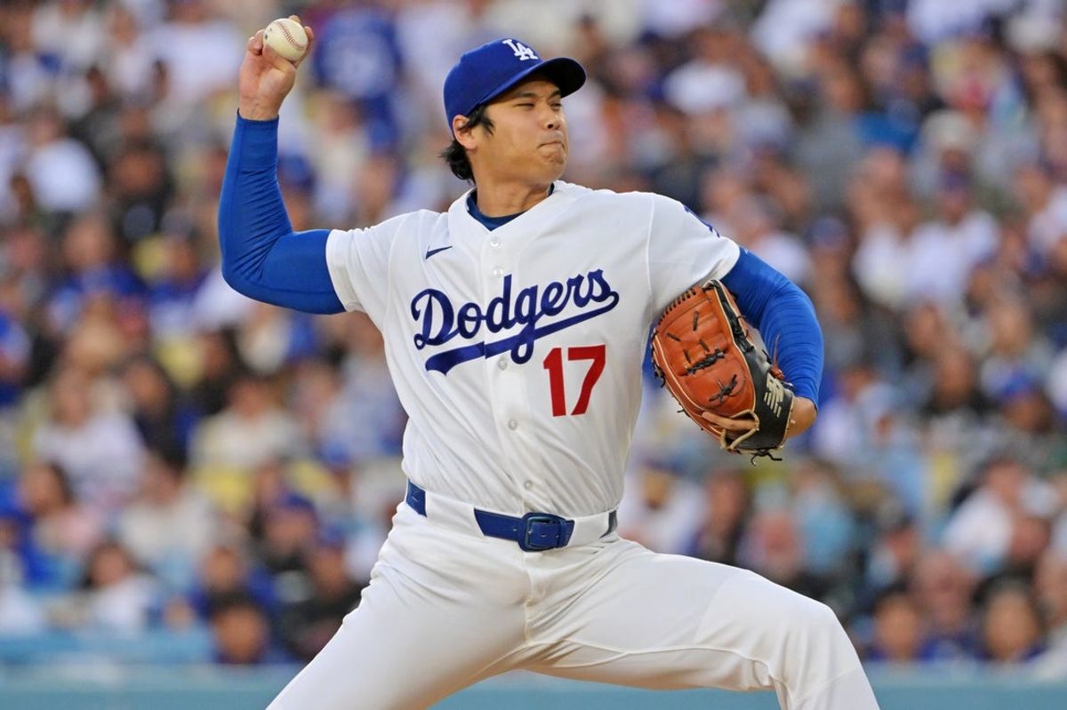 May 27, 2026; Los Angeles, California, USA; Los Angeles Dodgers two-way player Shohei Ohtani (17) makes a pitch during the first inning against the Colorado Rockies at Dodger Stadium. Mandatory Credit: Jayne Kamin-Oncea-Imagn Images