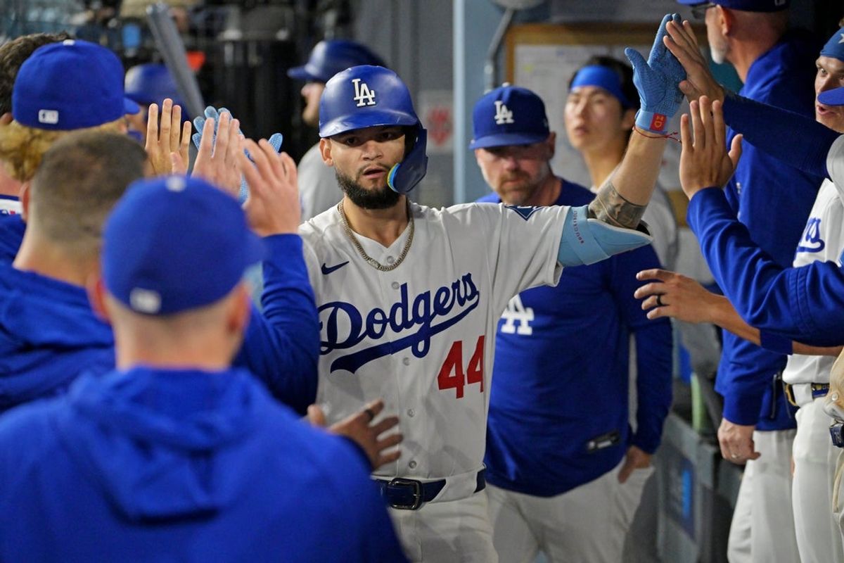 May 27, 2026; Los Angeles, California, USA; Los Angeles Dodgers center fielder Andy Pages (44) reacts after a play during the eighth inning against the Colorado Rockies at Dodger Stadium. Mandatory Credit: Jayne Kamin-Oncea-Imagn Images