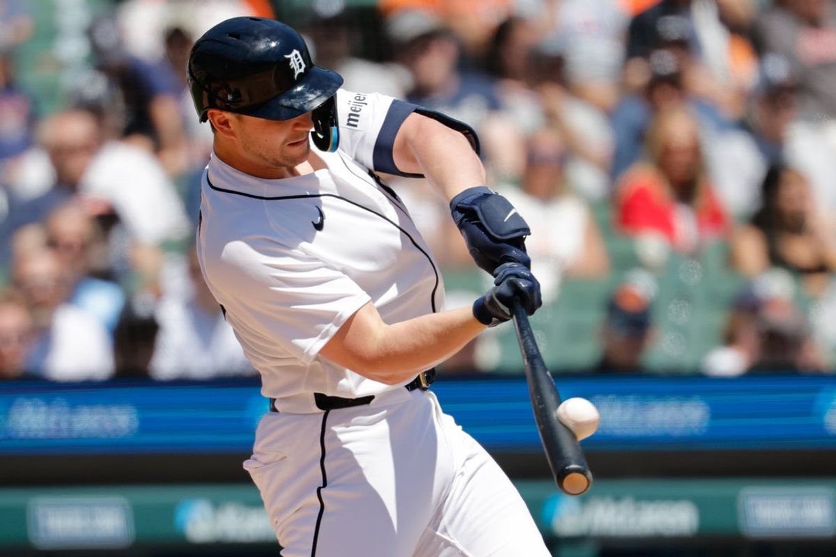 May 28, 2026; Detroit, Michigan, USA;  Detroit Tigers designated hitter Dillon Dingler (13) flies out in the third inning against the Los Angeles Angels at Comerica Park. Mandatory Credit: Rick Osentoski-Imagn Images