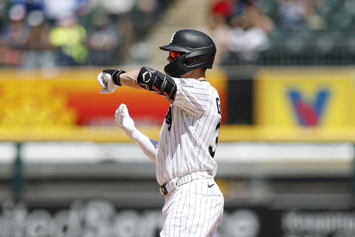 May 28, 2026; Chicago, Illinois, USA; Chicago White Sox designated hitter Randal Grichuk (34) celebrates after hitting a three-run double against the Minnesota Twins during the third inning at Rate Field. Mandatory Credit: Kamil Krzaczynski-Imagn Images