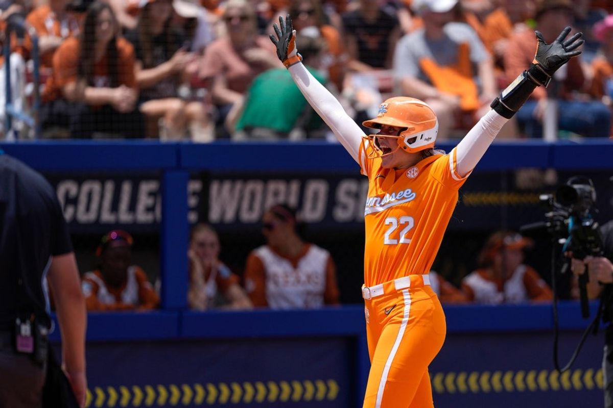 Tennessee Lady Volunteers catcher Elsa Morrison (22) celebrates after hitting a home run in the second inning during a Women's College World Series softball game between the Tennessee Volunteers and the Texas Longhorns at Devon Park in Oklahoma City, Thursday, May 28, 2026. Tennessee won 6-3.