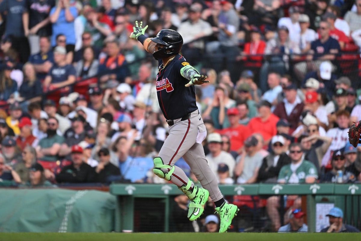 May 28, 2026; Boston, Massachusetts, USA; Atlanta Braves right fielder Ronald Acuna Jr. (13) celebrates while running the bases after hitting a grand slam against the Boston Red Sox during the sixth inning at Fenway Park. Mandatory Credit: Eric Canha-Imagn Images