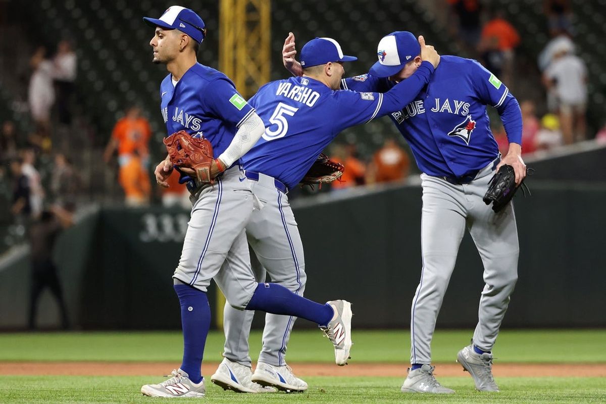 May 27, 2026; Baltimore, Maryland, USA; Toronto Blue Jays players celebrate after a game against the Baltimore Orioles at Oriole Park at Camden Yards. Mandatory Credit: Daniel Kucin Jr.-Imagn Images