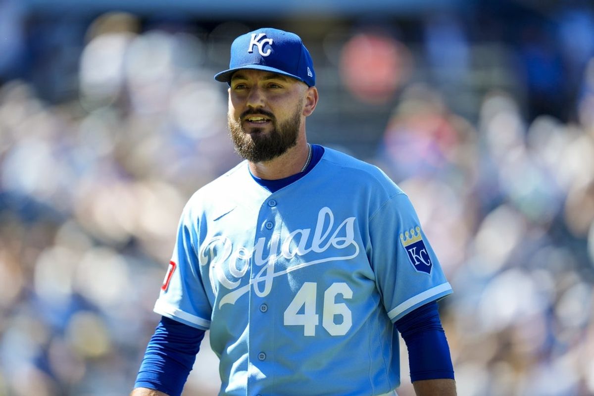 May 24, 2026; Kansas City, Missouri, USA; Kansas City Royals pitcher John Schreiber (46) reacts during the eighth inning against the Seattle Mariners at Kauffman Stadium. Mandatory Credit: Jay Biggerstaff-Imagn Images