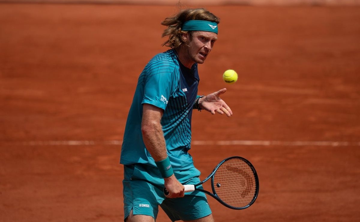 May 29, 2026; Paris, France; Andrey Rublev returns a shot during his match against Nuno Borges of Portugal on day six at Stade Roland Garros. Mandatory Credit: Susan Mullane-Imagn Images