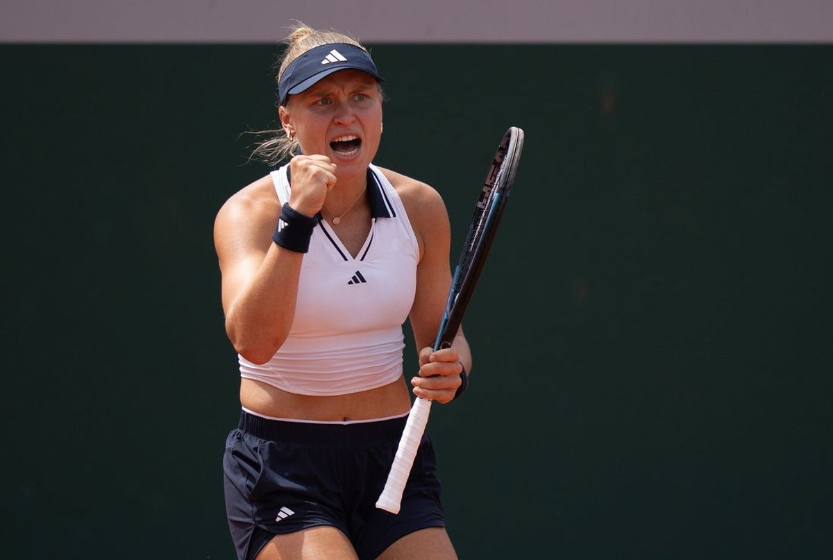 May 29, 2026; Paris, France; Yuliia Starodubtseva of the Ukraine reacts during her match against Xiyu Wang of China on day six at Stade Roland Garros. Mandatory Credit: Susan Mullane-Imagn Images